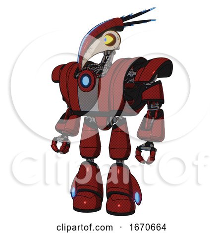 Robot Containing Bird Skull Head and Big Yellow Eyes and Head Shield Design and Heavy Upper Chest and Heavy Mech Chest and Blue Energy Fission Element Chest and Light Leg Exoshielding. Matted Red. by Leo Blanchette