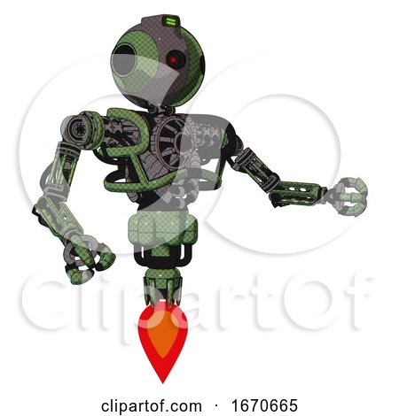 Cyborg Containing Oval Wide Head and Small Red Led Eyes and Green Led Ornament and Heavy Upper Chest and No Chest Plating and Jet Propulsion. Grass Green. Interacting. by Leo Blanchette