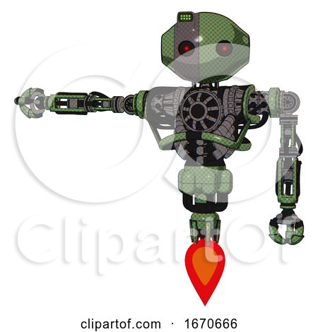 Cyborg Containing Oval Wide Head and Small Red Led Eyes and Green Led Ornament and Heavy Upper Chest and No Chest Plating and Jet Propulsion. Grass Green. Arm out Holding Invisible Object.. by Leo Blanchette