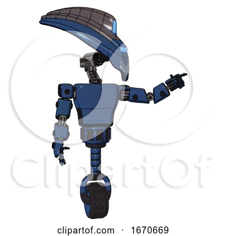 Robot Containing Flat Elongated Skull Head and Visor and Light Chest Exoshielding and Prototype Exoplate Chest and Unicycle Wheel. Dark Blue Halftone. Pointing Left or Pushing a Button.. by Leo Blanchette