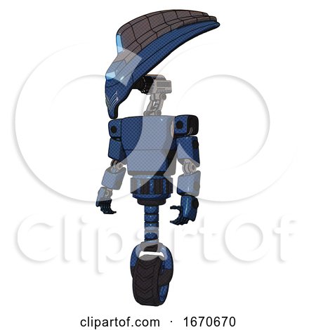 Robot Containing Flat Elongated Skull Head and Visor and Light Chest Exoshielding and Prototype Exoplate Chest and Unicycle Wheel. Dark Blue Halftone. Standing Looking Right Restful Pose. by Leo Blanchette