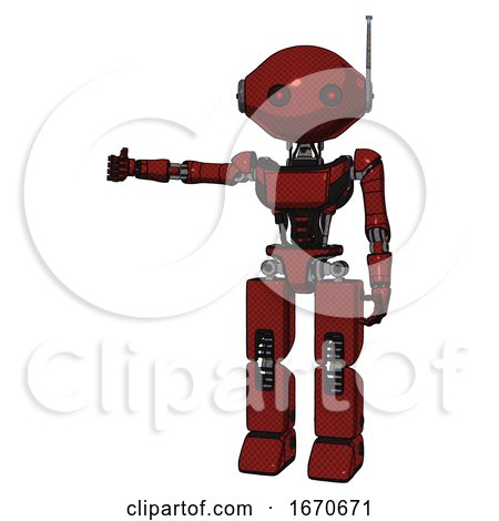 Robot Containing Oval Wide Head and Small Red Led Eyes and Retro Antenna with Light and Light Chest Exoshielding and Ultralight Chest Exosuit and Prototype Exoplate Legs. Matted Red. by Leo Blanchette