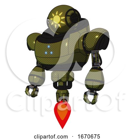 Mech Containing Oval Wide Head and Sunshine Patch Eye and Heavy Upper Chest and Triangle of Blue Leds and Jet Propulsion. Army Green Halftone. Standing Looking Right Restful Pose. by Leo Blanchette