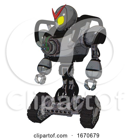 Android Containing Grey Alien Style Head and Yellow Eyes and Heavy Upper Chest and Chest Energy Gun and Tank Tracks. Patent Concrete Gray Metal. Standing Looking Right Restful Pose. by Leo Blanchette