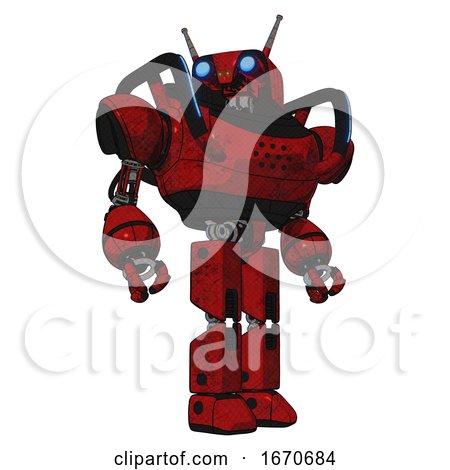 Automaton Containing Dual Retro Camera Head and Cyborg Antenna Head and Heavy Upper Chest and Blue Strip Lights and Prototype Exoplate Legs. Red Blood Grunge Material. Hero Pose. by Leo Blanchette