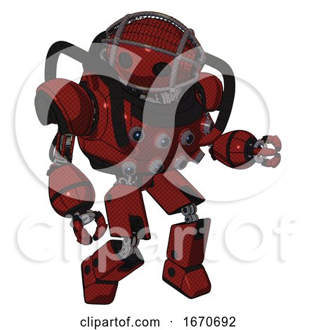 Mech Containing Oval Wide Head and Barbed Wire Cage Helmet and Heavy Upper Chest and Chest Energy Sockets and Prototype Exoplate Legs. Matted Red. Fight or Defense Pose.. by Leo Blanchette
