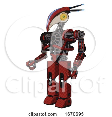 Automaton Containing Bird Skull Head and Brass Steampunk Eyes and Head Shield Design and Heavy Upper Chest and No Chest Plating and Prototype Exoplate Legs. Cherry Tomato Red. Facing Right View. by Leo Blanchette
