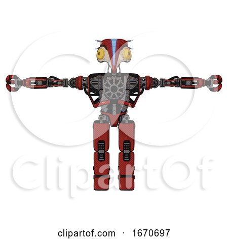 Automaton Containing Bird Skull Head and Brass Steampunk Eyes and Head Shield Design and Heavy Upper Chest and No Chest Plating and Prototype Exoplate Legs. Cherry Tomato Red. T-pose. by Leo Blanchette