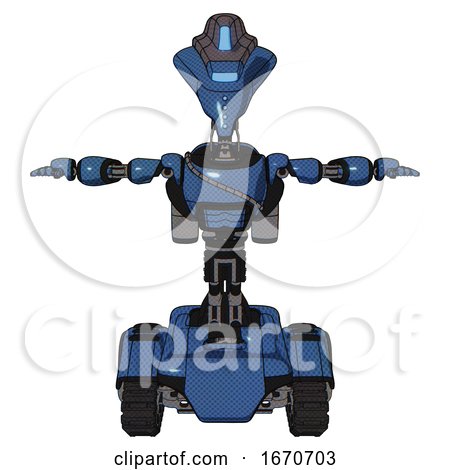 Bot Containing Flat Elongated Skull Head and Visor and Light Chest Exoshielding and Cable Sash and Rocket Pack and Tank Tracks. Blue Halftone. T-pose. by Leo Blanchette