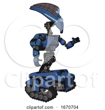 Bot Containing Flat Elongated Skull Head and Visor and Light Chest Exoshielding and Cable Sash and Rocket Pack and Tank Tracks. Blue Halftone. Interacting. by Leo Blanchette