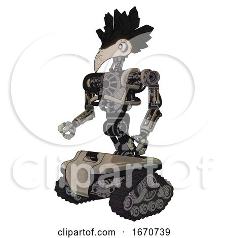 Cyborg Containing Bird Skull Head and White Eyeballs and Crow Feather Design and Heavy Upper Chest and No Chest Plating and Tank Tracks. Grungy Fiberglass. Facing Right View. by Leo Blanchette