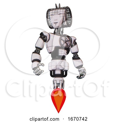 Bot Containing Humanoid Face Mask and Spiral Design and Light Chest Exoshielding and Chest Valve Crank and Jet Propulsion. White Halftone Toon. Hero Pose. by Leo Blanchette
