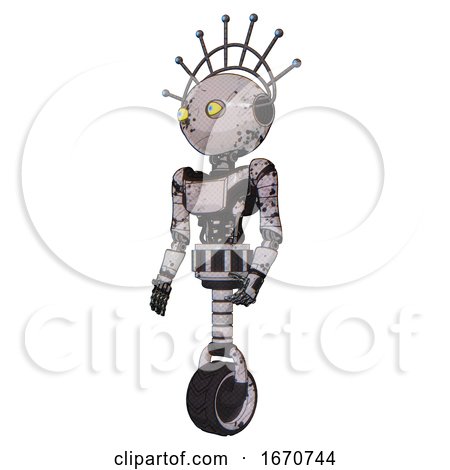 Automaton Containing Oval Wide Head and Yellow Eyes and Techno Halo Ornament and Light Chest Exoshielding and Ultralight Chest Exosuit and Unicycle Wheel. Grunge Sketch Dots. Facing Right View. by Leo Blanchette