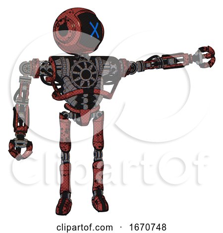 Robot Containing Digital Display Head and X Face and Heavy Upper Chest and No Chest Plating and Ultralight Foot Exosuit. Grunge Matted Orange. Pointing Left or Pushing a Button.. by Leo Blanchette