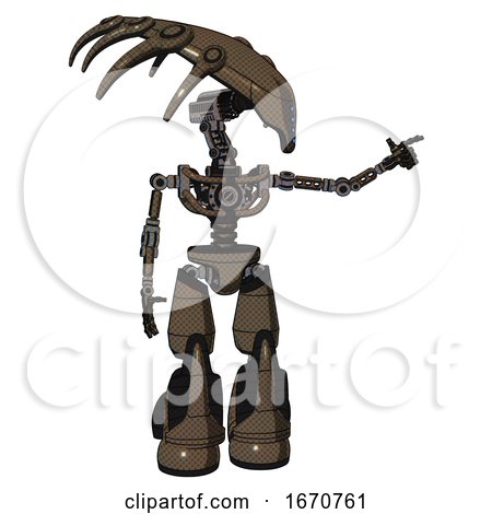 Bot Containing Flat Elongated Skull Head and Light Chest Exoshielding and No Chest Plating and Light Leg Exoshielding and Stomper Foot Mod. Light Brown Halftone. Pointing Left or Pushing a Button.. by Leo Blanchette