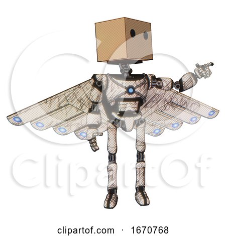 Bot Containing Dual Retro Camera Head and Cardboard Box Head and Light Chest Exoshielding and Blue Energy Core and Cherub Wings Design and Ultralight Foot Exosuit. Halftone Sketch. by Leo Blanchette
