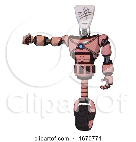 Cyborg Containing Humanoid Face Mask and Slashes War Paint and Light Chest Exoshielding and Blue Energy Core and Unicycle Wheel. Toon Pink Tint. Arm out Holding Invisible Object.. by Leo Blanchette