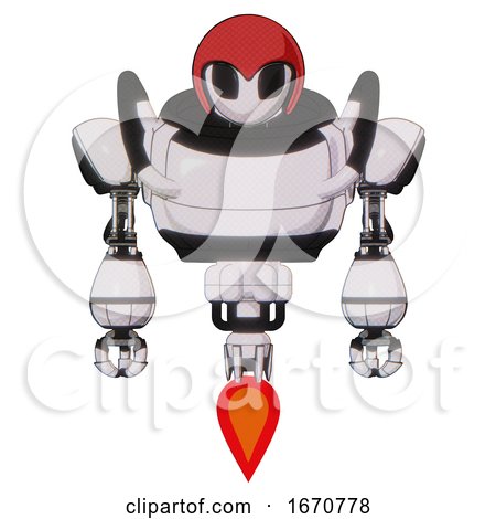 Automaton Containing Grey Alien Style Head and Black Eyes and Red Helmet and Heavy Upper Chest and Jet Propulsion. White Halftone Toon. Front View. by Leo Blanchette