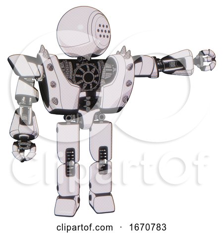Bot Containing Dots Array Face and Heavy Upper Chest and Heavy Mech Chest and Shoulder Spikes and Prototype Exoplate Legs. White Halftone Toon. Pointing Left or Pushing a Button.. by Leo Blanchette
