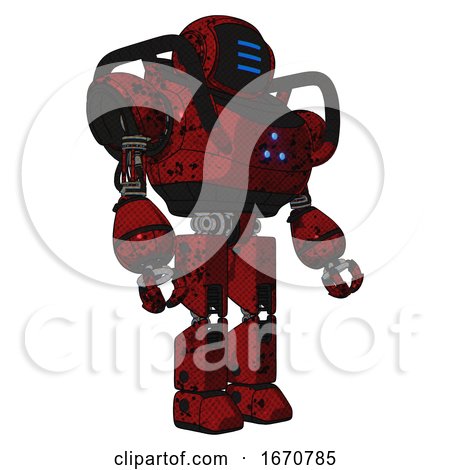 Android Containing Digital Display Head and Three Horizontal Line Design and Heavy Upper Chest and Triangle of Blue Leds and Prototype Exoplate Legs. Grunge Dots Dark Red. Facing Left View. by Leo Blanchette