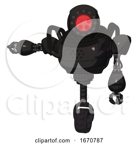 Droid Containing Round Head and Red Laser Crystal Array and Heavy Upper Chest and Unicycle Wheel. Dirty Black. Arm out Holding Invisible Object.. by Leo Blanchette