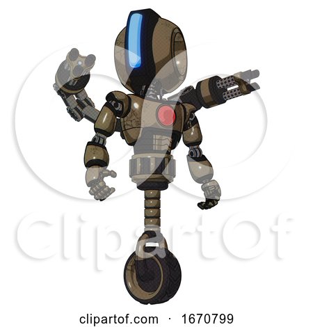 Android Containing Round Head and Large Vertical Visor and Light Chest Exoshielding and Red Chest Button and Minigun Back Assembly and Unicycle Wheel. Desert Tan Painted. Hero Pose. by Leo Blanchette
