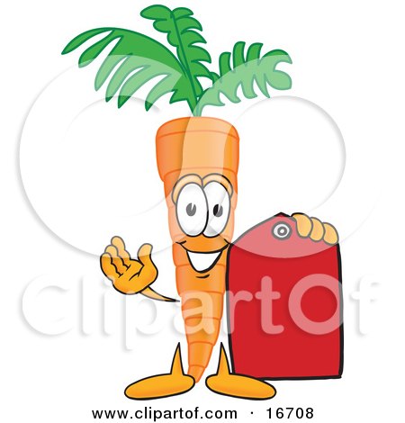 Clipart Picture of an Orange Carrot Mascot Cartoon Character Holding a Red Sales Price Tag by Mascot Junction