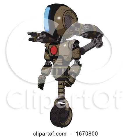 Android Containing Round Head and Large Vertical Visor and Light Chest Exoshielding and Red Chest Button and Minigun Back Assembly and Unicycle Wheel. Desert Tan Painted. Facing Right View. by Leo Blanchette