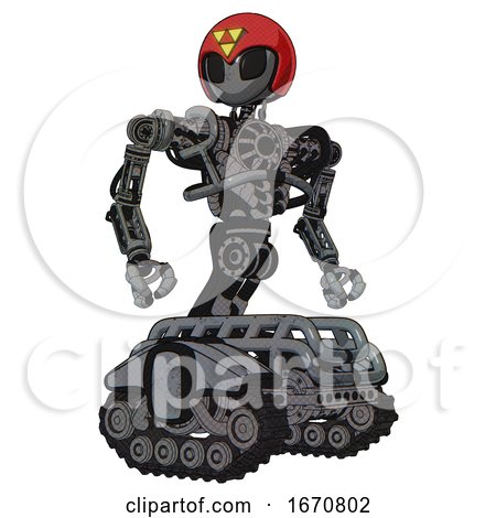 Mech Containing Grey Alien Style Head and Black Eyes and Triangle Design and Red Helmet and Heavy Upper Chest and No Chest Plating and Tank Tracks. Patent Concrete Gray Metal. Hero Pose. by Leo Blanchette