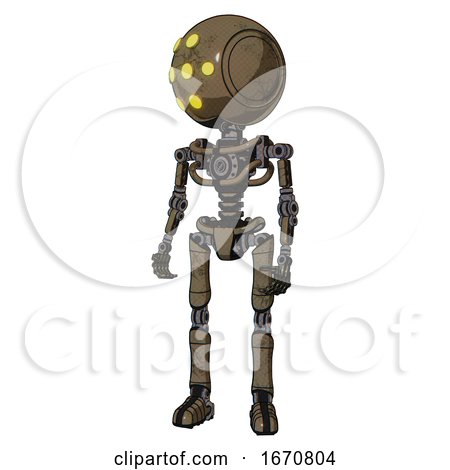 Robot Containing Round Head and Yellow Eyes Array and Light Chest Exoshielding and No Chest Plating and Ultralight Foot Exosuit. Desert Tan Painted. Standing Looking Right Restful Pose. by Leo Blanchette