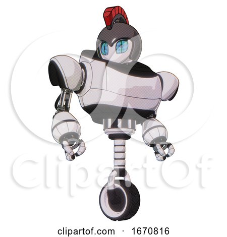 Automaton Containing Grey Alien Style Head and Blue Grate Eyes and Galea Roman Soldier Ornament and Gray Helmet and Heavy Upper Chest and Unicycle Wheel. White Halftone Toon. Hero Pose. by Leo Blanchette
