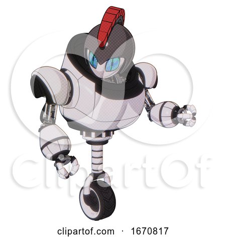 Automaton Containing Grey Alien Style Head and Blue Grate Eyes and Galea Roman Soldier Ornament and Gray Helmet and Heavy Upper Chest and Unicycle Wheel. White Halftone Toon. Fight or Defense Pose.. by Leo Blanchette