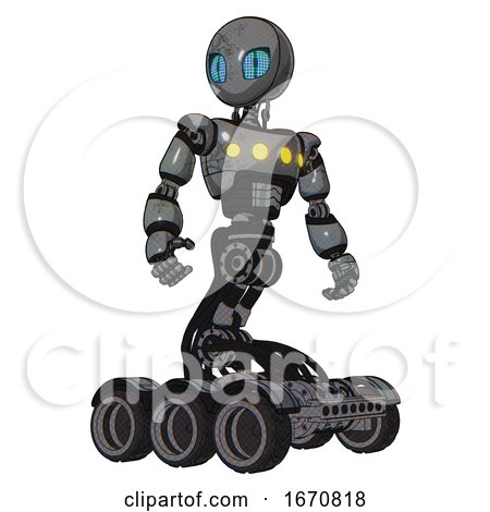 Robot Containing Grey Alien Style Head and Blue Grate Eyes and Light Chest Exoshielding and Yellow Chest Lights and Six-wheeler Base. Patent Concrete Gray Metal. Hero Pose. by Leo Blanchette