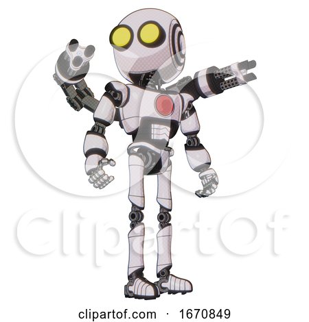 Robot Containing Round Head and Large Yellow Eyes and Light Chest Exoshielding and Red Chest Button and Minigun Back Assembly and Ultralight Foot Exosuit. White Halftone Toon. Hero Pose. by Leo Blanchette