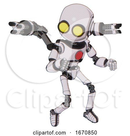Robot Containing Round Head and Large Yellow Eyes and Light Chest Exoshielding and Red Chest Button and Minigun Back Assembly and Ultralight Foot Exosuit. White Halftone Toon. Fight or Defense Pose.. by Leo Blanchette