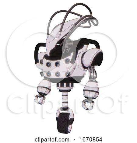Droid Containing Flat Elongated Skull Head and Cables and Heavy Upper Chest and Chest Energy Sockets and Unicycle Wheel. White Halftone Toon. Standing Looking Right Restful Pose. by Leo Blanchette