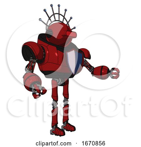 Robot Containing Oval Wide Head and Red Horizontal Visor and Techno Halo Ornament and Heavy Upper Chest and Blue Shield Defense Design and Ultralight Foot Exosuit. Dark Red. Interacting. by Leo Blanchette