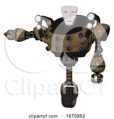 Robot Containing Humanoid Face Mask and Heavy Upper Chest and Chest Energy Sockets and Shoulder Headlights and Unicycle Wheel. Old Copper. Arm out Holding Invisible Object.. by Leo Blanchette