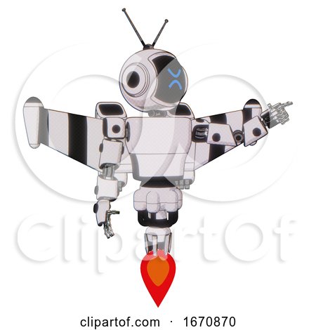 Droid Containing Digital Display Head and Wince Symbol Expression and Retro Antennas and Light Chest Exoshielding and Prototype Exoplate Chest and Stellar Jet Wing Rocket Pack and Jet Propulsion. by Leo Blanchette
