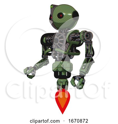Cyborg Containing Oval Wide Head and Small Red Led Eyes and Green Led Ornament and Heavy Upper Chest and No Chest Plating and Jet Propulsion. Grass Green. Facing Right View. by Leo Blanchette