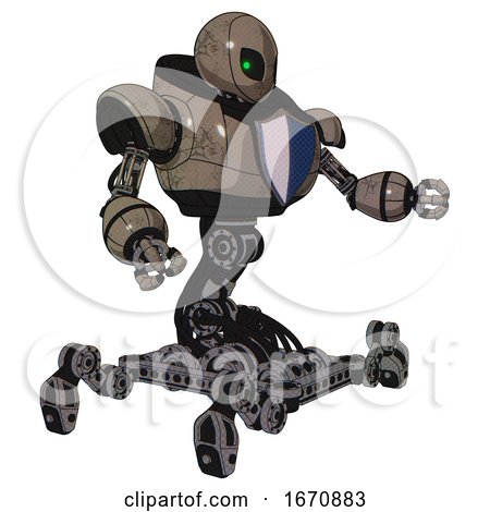 Droid Containing Grey Alien Style Head and Green Inset Eyes and Heavy Upper Chest and Blue Shield Defense Design and Insect Walker Legs. Patent Khaki Metal. Interacting. by Leo Blanchette