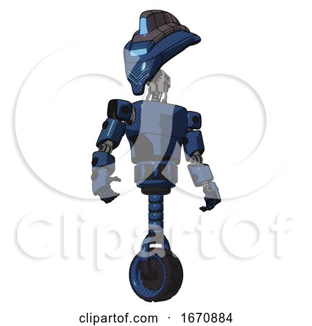 Robot Containing Flat Elongated Skull Head and Visor and Light Chest Exoshielding and Prototype Exoplate Chest and Unicycle Wheel. Dark Blue Halftone. Hero Pose. by Leo Blanchette