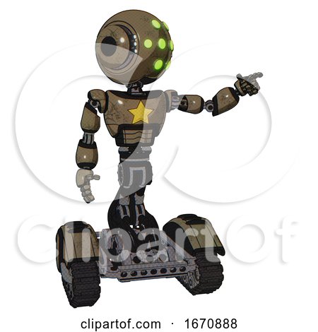 Droid Containing Round Head and Green Eyes Array and Head Light Gadgets and Light Chest Exoshielding and Yellow Star and Tank Tracks. Desert Tan Painted. Pointing Left or Pushing a Button.. by Leo Blanchette