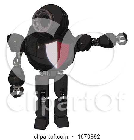 Bot Containing Round Head and Three Lens Sentinel Visor and Heavy Upper Chest and Red Shield Defense Design and Prototype Exoplate Legs. Dirty Black. Pointing Left or Pushing a Button.. by Leo Blanchette