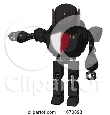 Bot Containing Round Head and Three Lens Sentinel Visor and Heavy Upper Chest and Red Shield Defense Design and Prototype Exoplate Legs. Dirty Black. Arm out Holding Invisible Object.. by Leo Blanchette