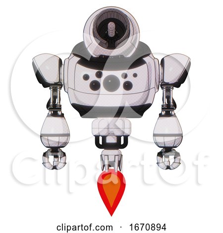 Robot Containing Cable Connector Head and Heavy Upper Chest and Chest Compound Eyes and Jet Propulsion. White Halftone Toon. Front View. by Leo Blanchette