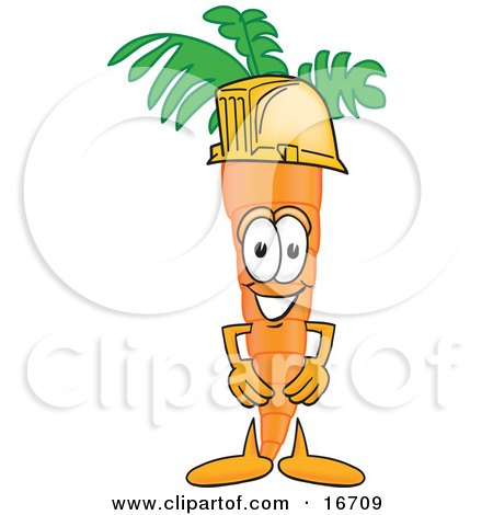 Clipart Picture of an Orange Carrot Mascot Cartoon Character Wearing a Yellow Hardhat by Mascot Junction