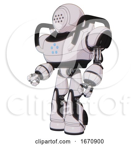 Bot Containing Dots Array Face and Heavy Upper Chest and Circle of Blue Leds and Light Leg Exoshielding and Stomper Foot Mod. White Halftone Toon. Facing Right View. by Leo Blanchette