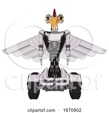 Automaton Containing Bird Skull Head and Yellow Led Protruding Eyes and Chicken Design and Light Chest Exoshielding and Ultralight Chest Exosuit and Pilot's Wings Assembly and Tank Tracks. by Leo Blanchette