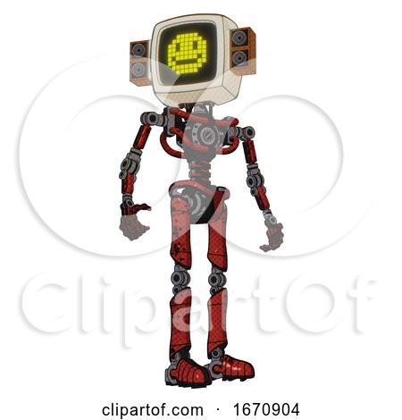 Automaton Containing Old Computer Monitor and Pixel Design of Yellow Happy Face and Old Retro Speakers and Light Chest Exoshielding and No Chest Plating and Ultralight Foot Exosuit. by Leo Blanchette